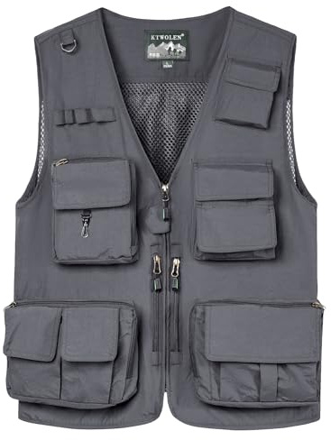KTWOLEN Men's Outdoor Vest Quick Dry Fishing Vest Multi Pocket Breathable Gilet Safari Hunting Hiking Photography Waistcoat Sleeveless Jacket, Grey, 3XL