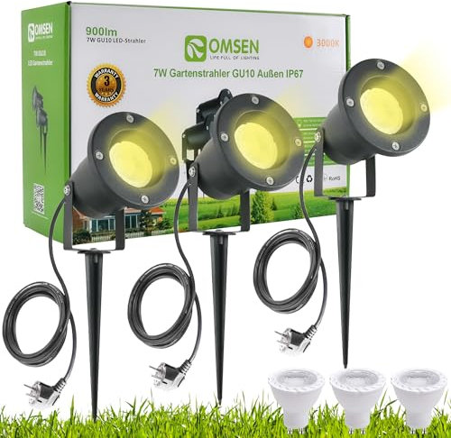OMSEN Faretti da Giardino con Picchetto GU10 7W Luce Calda 3000K, Lampadine Sostituibili, Alluminio, IP67 Impermeabile, Faretto Esterno con Picchetto per Illuminare Cortile, Alberi, Prati e Sentieri