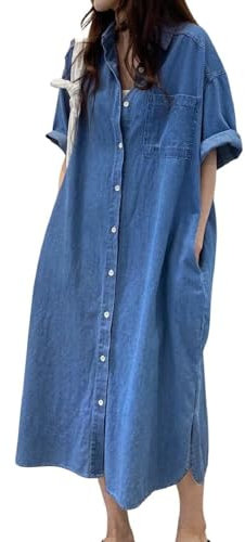 Jofemuho Women's Short Sleeve Denim Button-Down Shirt Dress, W-blue, XXL