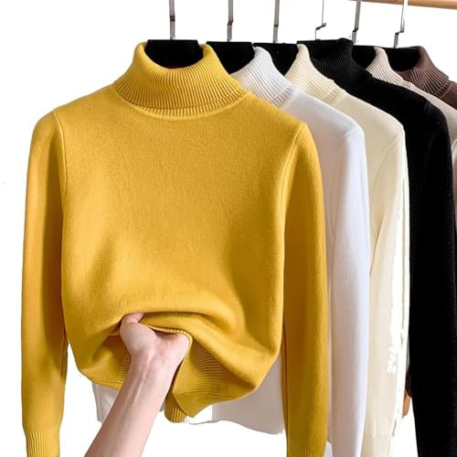 JOCCOS Jersey de punto grueso para el invierno, forro polar, casual, grueso jersey de cuello alto, suave jersey térmico, jersey estrecho, amarillo, S
