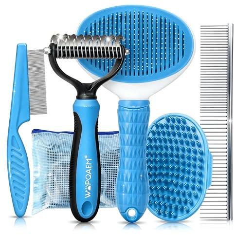 WOPQAEM Dog Grooming Kit Dogs Brush 5 Pack - Slicker Brush,Undercoat Rake, Pet Comb, Flea Comb, Bath Brushes for Short & Long Haired Dogs & Cats, Blue