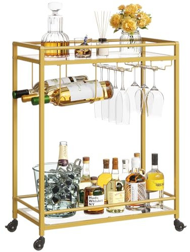 Lifewit Barwagen, Servierwagen mit 2 Etagen Glasböden, rollender Alkoholwagen mit feststellbaren Rädern, Glashalter und Weinregal, Getränkewagen für Küche, Esszimmer und Wohnzimmer, Gold