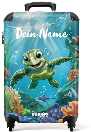 NoBoringSuitcases.com Kinderkoffer, Koffer Personalisiert, Kinderkoffer Mädchen, Koffer Kinder, Kinder Reisekoffer, Handgepäckkoffer, Rollkoffer, Handgepäck Trolley 55x40x20 cm (Schildkröte - Blau)