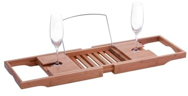 Wintem Vassoio Porta Calici e Portaoggetti per Vasca da Bagno in Legno - Mensola Estensibile da 70 a 105cm, Ideale per Essere Adattata ad Ogni Vasca da Bagno - per un Bagno in Totale Relax