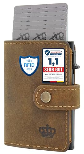 Baur Slim Wallet aus echtem Leder – Kreditkartenetui mit Aluminium Pop-Up Case & RFID-Schutz – Kleine Geldbörse für Herren mit Münzfach – Smart Wallet (Münzfach mit Druckknopf, Büffelleder Braun)