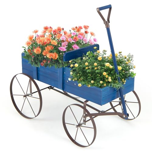 RELAX4LIFE Fioriera da Esterno a Forma di Carriola, 62x34x60cm, Fioriera in Legno di Abete con 4 Ruote e Maniglia Regolabile, Carriola Portafiori con Drenaggio per Giardino, Terrazzo, Max 15kg (Blu)