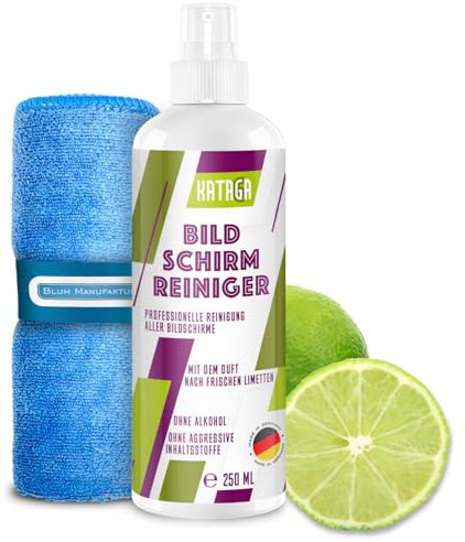 KATAGA 250ml Bildschirmreiniger mit Limettenduft + 30x30 cm Mikrofasertuch - Screen Cleaner - Display Reiniger - Absolut streifenfreie Reinigung von Handy, Laptop, PC, TV