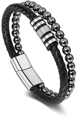 Jovivi Men's Leather Hematite Bracelet for Men Jewellery,Crystal Beaded Black Braided Leather Bracelet Man Gifts for Men Him Valentines Birthday Anniversary