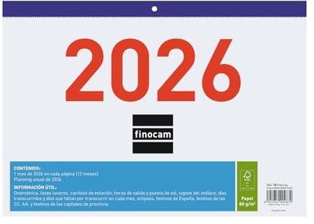 Finocam - Calendario da parete con numeri grandi 2026, vista mensile da gennaio a dicembre (12 mesi), calendario 2026, planner mensile, gonna 2026, spagnolo