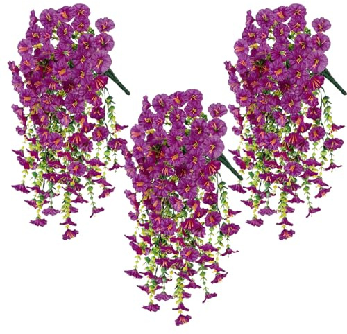 DINGFENG Set med 3 hängande konstväxter, 75 cm, realistiska hängande konstblommor som riktiga petunior, väderbeständiga konstväxter, konstblommor för balkong, trädgård