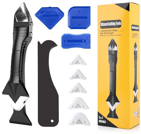 Caulking Tool 5 in 1 Silicone Caulk Remover Tool Kit, Grout Removal & Sealant Finishing Tool with Stainless Steel Scraper, 5 Silicone Pads for Bathroom Kitchen Sink Window Seam Repair