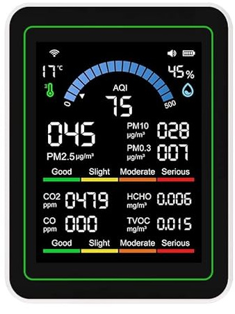 Gettimore Monitor de calidad del aire TUYA WiFi 10 en 1 con sensores PM2.5, temperatura y humedad, pantalla de 2.8 pulgadas y recargable para uso en interiores, negro
