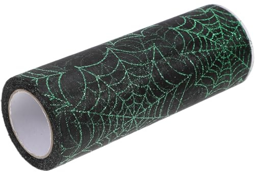 SEWOART Cinta de Organza para Manualidades de Halloween Telaraña Decorativa Negra y Verde 15 CM X 9 Metros Tela de Malla para Decoración de Fiestas y Eventos Temáticos
