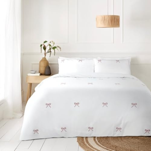 BLOOM BLENDS Hearts and Bows Embroidered Duvet Cover Set – White Bedding with Charcoal and Pink Heart Detail – Soft, Stylish & Romantic Design (Bow Pink, King)