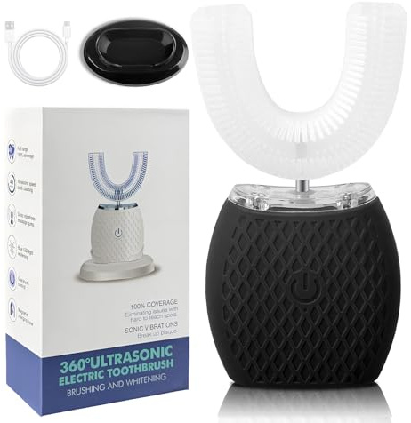 Spazzolino ad Ultrasuoni, Spazzolino Automatico, Elettrico Spazzolino per Sbiancamento dei Denti con Timer e Ricarica Wireless Spazzolino Elettrico a 360° per Adulti (Nero)