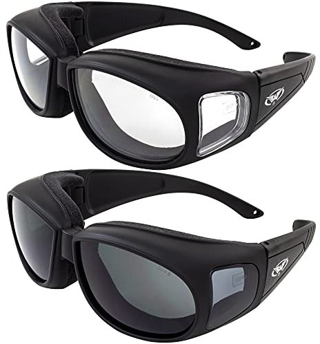 Global Vision Motorcycle Safety Sunglasses Fits Over Most Glasses 2-pack Smoke and Clear Day & Night Usage Meets ANSI Z87.1 Safety Glasses Foam Padding