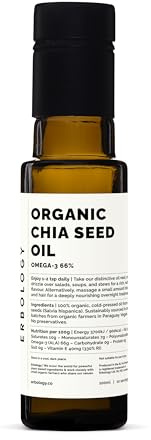 Erbology Organic Chia Seed Oil 3.4 fl oz - Cold-Pressed - Rich in Omega-3 (66%) and Vitamin E (330% RI) - No Additives or Preservatives - Sustainably Sourced - Vegan - GMO-Free