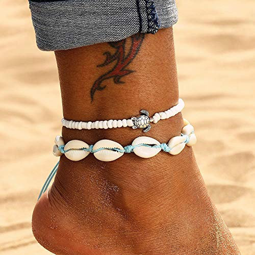 Edary Boho Muscheln Fußkettchen Set weiße Schildkröten Anhänger Fußkettchen Perlen Fußkette Strandfuß Schmuck Zubehör für Frauen und Mädchen