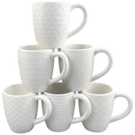 Schliersee 12 OZ White Ceramic Coffee Mugs Set of 6, Stylish Embossed Coffee Cups Set for Coffee, Tea, Milk, Cocoa, Cereal