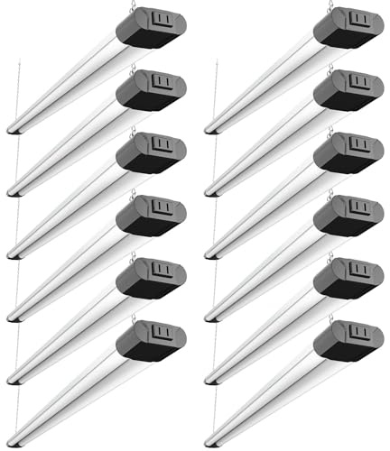 BBOUNDER 12 Pack Linkable LED Shop Light with Reflector, Super Bright 6500K Cool Daylight, 4400 LM, 4 FT, 48 Inch Integrated Fixture for Garage, 40W Equivalent 250W, Surface & Suspension Mount, Black