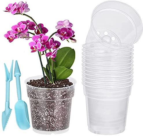 ODOOKON 20 Pieza Vasi per Orchidee con Set di mini attrezzi da giardinaggio e Fori Drenaggio Vasi Trasparenti Plastica Piccoli Vaso Orchidee Plastica 11,5cm Vasi Fiori per Giardino, Balcone