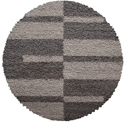 Carpetsale24 Hochflor Teppich Rund 80 cm Taupe-Beige – Weicher Shaggy Flokati im Karierten Design – Kleiner Bodenteppich für Flur, Bad oder neben dem Bett – Pflegeleicht & vielseitig einsetzbar