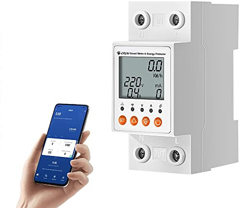 eMylo Smart Stromzähler Hutschiene 1-Phasen-digitaler Wechselstromzähler 220V, Tuya WLAN Sicherungsautomat mit Stromverbrauchsmessung und Überspannungsschutz, kompatibel mit Alexa, Google Assistent