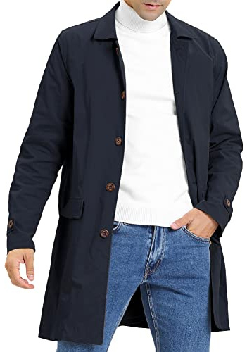 Feziakuk - Cappotto da uomo, stile trench, a manica lunga, con collo leggero, per l'autunno e l'inverno, giacca di transizione, Blu scuro, S
