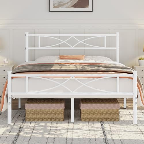 Yaheetech 4ft6 Double Bed Frames Metal Slatted Bed Platform with Curved Design Headboard and Footboard, Under-bed Storage, No Box Spring Needed, 12 Built-in Steel Slats, White