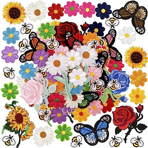 RETON 72 Pcs Butterfly Flower Iron On Patches for Clothing, Sunflower Embroidered Sew On Patches, Bee Rose Embroidered Iron On Patches, DIY Applique Patches for Clothes Jackets Jeans Backpacks