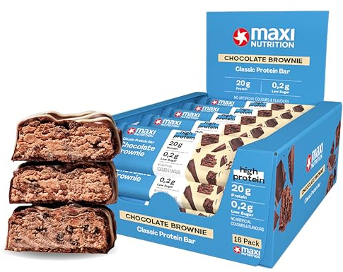 MaxiNutrition - Barra de Proteína - Classic Chocolate Brownie 16 x 40 g - 20 g de proteína por barra, baja en azúcar (0,2 g), sin azúcares añadidos, sin sabores ni colorantes artificiales