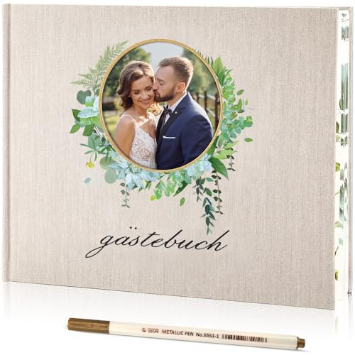 AISBUGUR Gästebuch Hochzeit, Polaroid Hochzeit Gästebuch Empfang 100 Seiten Dickes Papier Hardcover 8 x 10, Gästebuch Hochzeit Personalisiert Alternative mit Markierungen Stift Beige