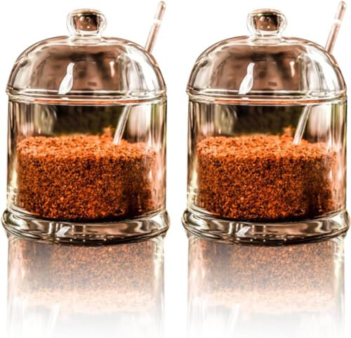 2 Pièces Bocal à Épices en Verre avec Couvercle et Cuillère, 270ml Boite a Sucre en Morceaux, Pot à Sucre Transparent Pots à épices pour Café, Restaurant, Cuisine et Petit-déjeuner à la Maison
