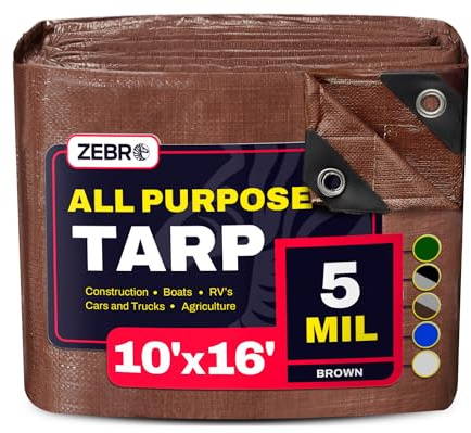 10' x 16' Brown Tarp with Grommets Reinforced - 5 Mil Thick - Durable UV Resistant Plastic Tarps Waterproof - Large Tarpaulin Cover for Outdoor Camping Over/Under Tent Tarp RV Roof Rain - Zebro