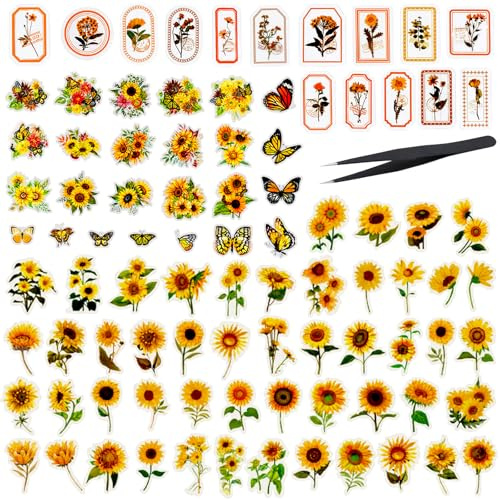 ZFKXGS 180PZ Adesivi Fiori Girasole Tema Giallo Farfalla Scrapbooking Stickers Trasparente PET Washi Aesthetic Scrapbooking Accessori Bullet Journal Kit per Fai da Te Materiale Diario Album Calendario
