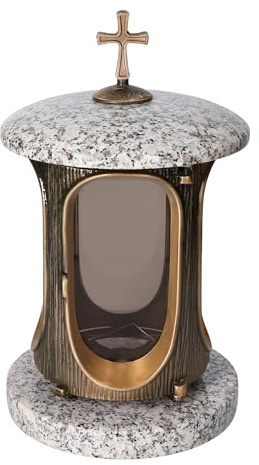 Vershy Lanterna funeraria in granito rosa reale, altezza 23 cm, diametro 15 cm, elegante lanterna in granito, elegante lampada per tomba in bronzo con base