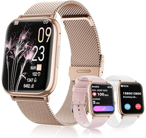 Loekneue Smartwatch Damen mit Telefonfunktion Bluetooth 1.83 Tocuh Uhr mit Menstruationszyklus SpO2 Schlafüberwachung Pulsuhr IP68 Fitness-Überwachung Schrittzähler Android IOS (Gold)