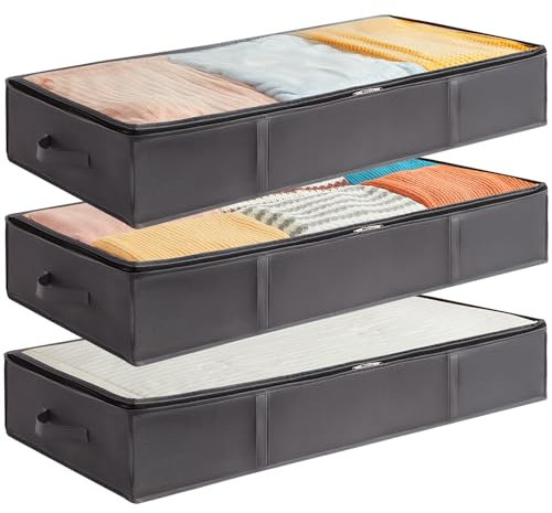 Lifewit Lot de 3 Sac de Rangement sous Lit Pliable 75 L, Bacs de Rangement avec Poignée Renforcée pour Vêtements, Draps, Serviettes, Couvertures, Chambre à coucher, Placard, Dortoir, Gris