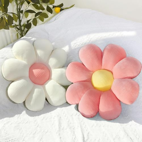 Duscdesp Pack of 2 Flower Cushion Flowers Floor Cushion Flower Tatami Seat Cushion Floor Chair Cushion Decorative Cushion Cute for Bedroom Car Children's Room Sofa Chair Room Decoration (Pink + White