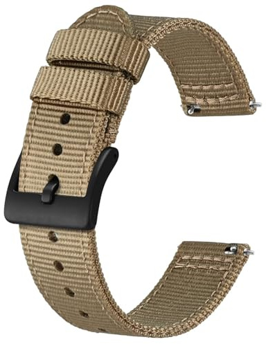 BISONSTRAP Men’s Nylon Watch Bands, Two-Piece Military Watch Straps, Quick Release, Brushed Buckle, 22mm, Khaki (Black Buckle)
