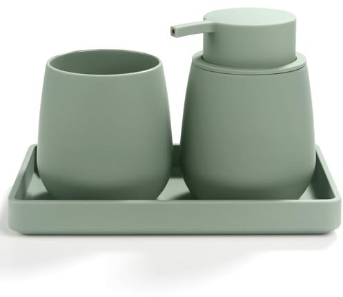 AJEUNGAIN Set Bagno Verde - Dispenser Sapone, Portaspazzolino, Vassoio da Vanity, Moderno Accessori Bagno con Rivestimento in Gomma, Organizzatore da Banco Decorativo (Verde)