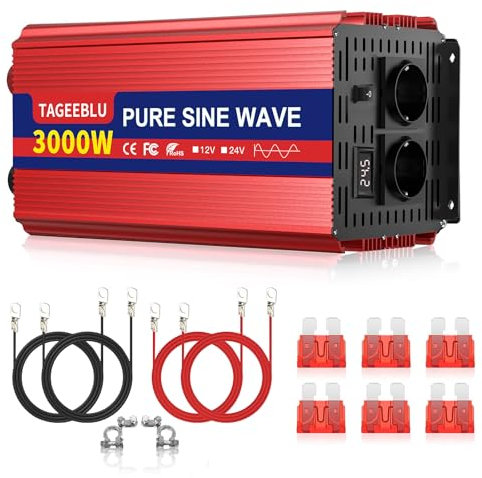 TAGEEBLU 3000W 24V wechselrichter 24V auf 230V Reiner Sinus, spannungswandler 24v 230v, Wechselrichter für Fahrzeuge mit Alligatorclip, 2 EU Steckdose und LCD Bildschirm