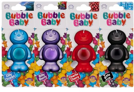Bubble Baby Fragrance Carded Liquid Membrane Car Air Freshener And Odour Eliminator Pack of 4 Unique Scents Charlie Cherry, Billy Berry, Olly Ocean & Isla Ice