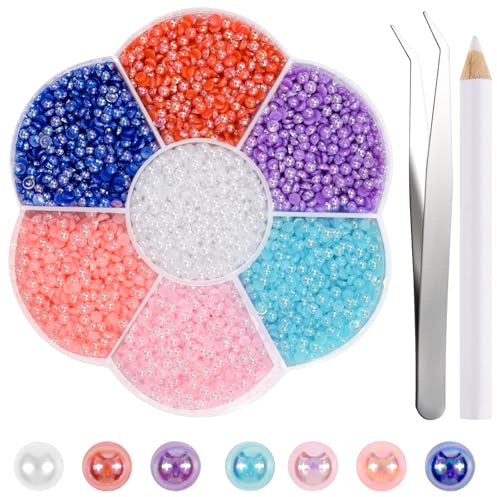 NACHLYNN - 6480 piezas de perlas de reverso plano, 7 tamaños, colores mezclados AB, medias perlas con reverso plano para manualidades, decoración, zapatos, ropa, bolsos, bricolaje
