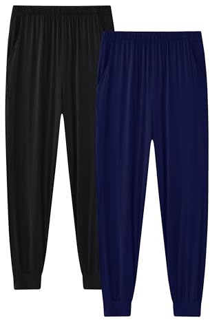 MoFiz Långa Pyjamasbyxor Barn Pojkar Mjuka Unisex Joggare Byxor 2 Delar Med Fickor 7-18 År, Svart/marinblå, L