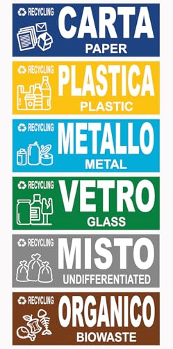 Longivia® 6 Adesivi Raccolta Differenziata Formato 15 cm x 5 cm - Etichette per Contenitori Rifiuti in Italiano e Inglese - Adesivo per Riciclo Lavabile Antigraffio Resistente (6 pezzi, 15cm x 5cm)