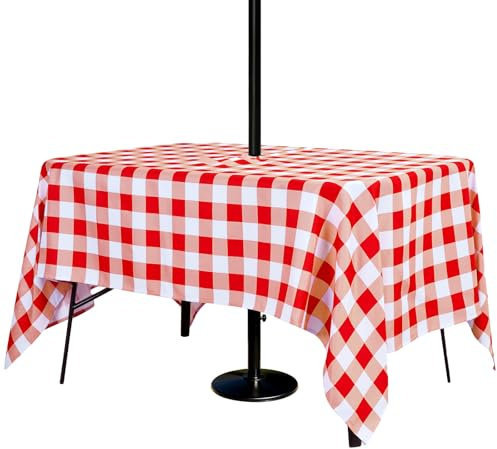 3E Home Nappe d'extérieur à carreaux rouges et blancs avec trou de parasol – 177,8 x 132,1 cm – Rectangulaire anti-déversement – Pour terrasse, bord de piscine, réunions en plein air