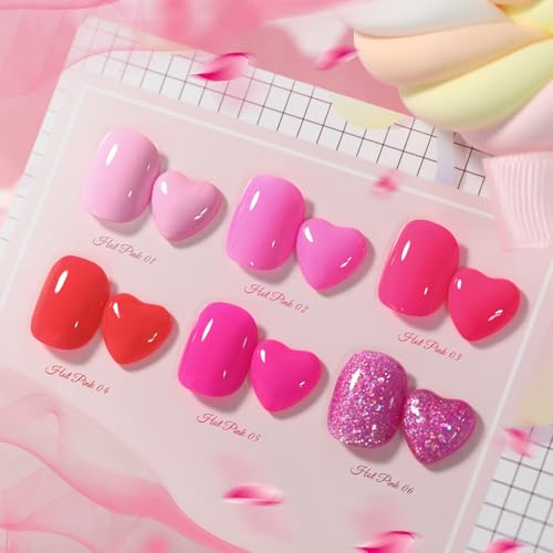 BORN PRETTY Pink Gel Nail Polish Set 6 Colors Neon Hot Pink Purple Rose Red Peach Glitter Gel Polish Soak Off U V LED for Nail Art Salon DIY Home Valentines Gifts for Woman