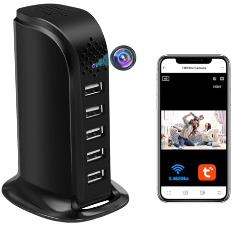 YCCNIU Caméra Espion WiFi 2.4 & 5G, Chargeur USB à 5 Ports avec Mini Caméra Espion Cachée, HD 1080P Micro Camera Cachée WiFi Supportant la Détection de Mouvement et l'enregistrement en Boucle