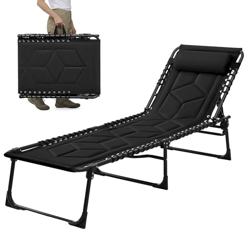 Palawano Tumbona Plegable con Respaldo Ajustable 5 Posiciones, Cama de Camping con Cojín, Tumbona Exterior Portátil para Jardín, Playa, Piscina, Balcón e Interior (Negro)